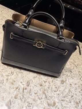 Michael Kors Black Leather Satchel with Gold MK Accent